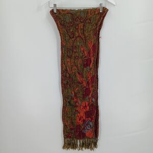 Vintage 90s Paisley Floral Knit Fringe Scarf Pink Brown Olive One Size